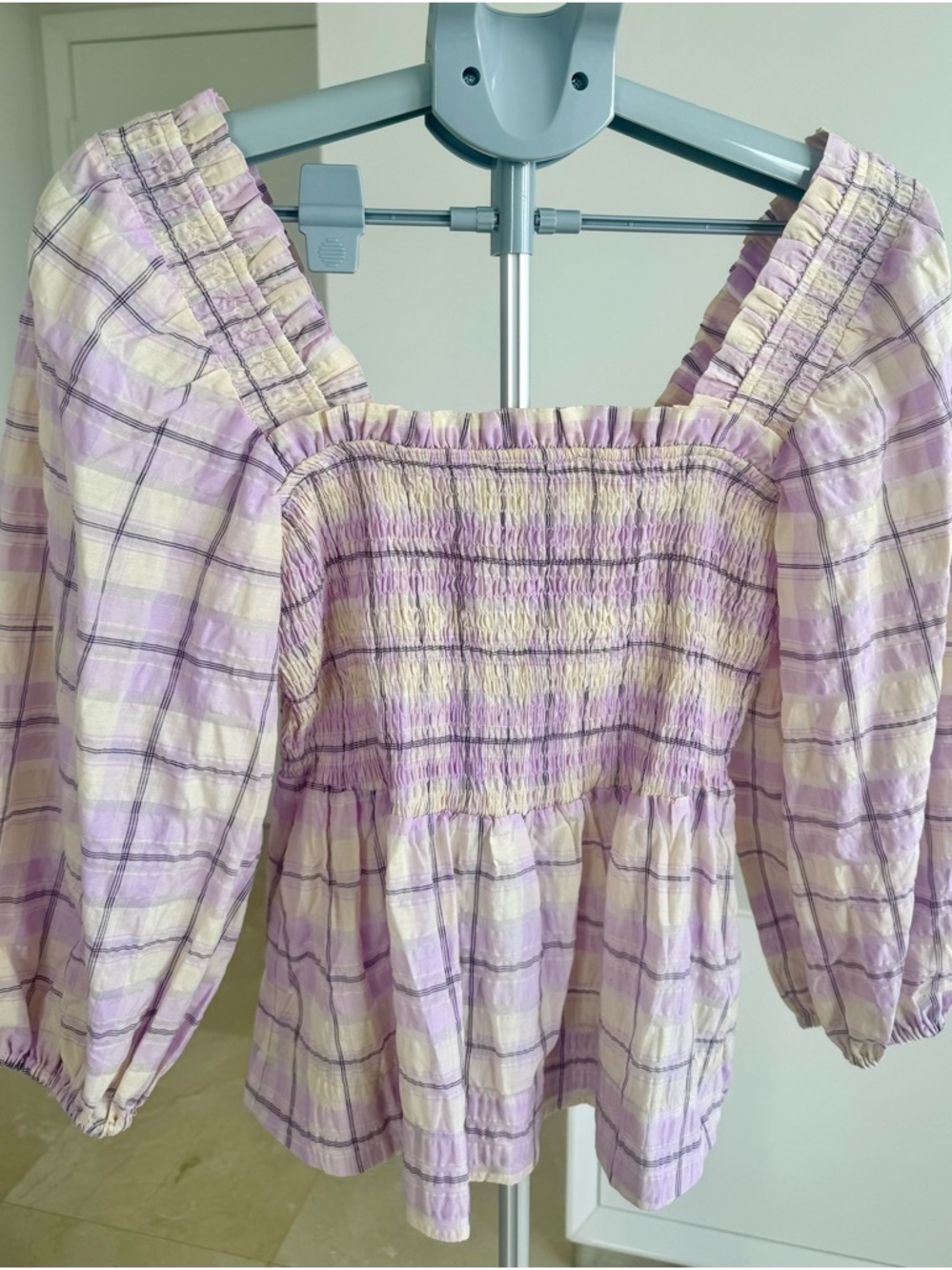 Ganni Lavender and Cream Plaid Smocked Square-Neck Blouse